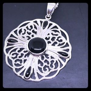 Genuine Sterling and Onyx Flower Necklace [JW-48]